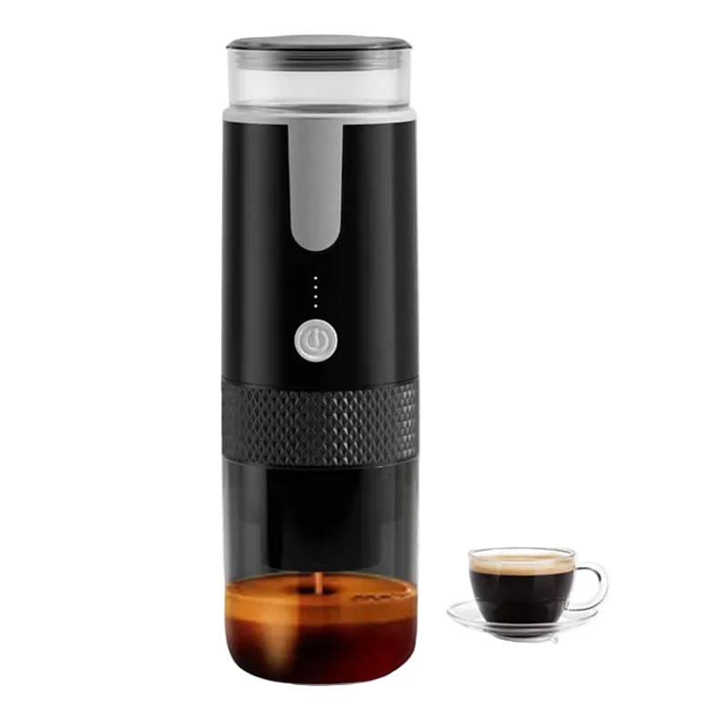 Black portable coffee maker with a cup of coffee on a white background